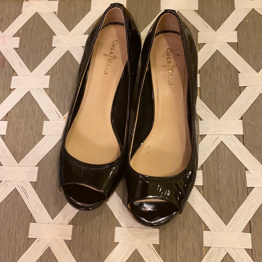 Cole Haan peep toe patent leather wedge shoes!